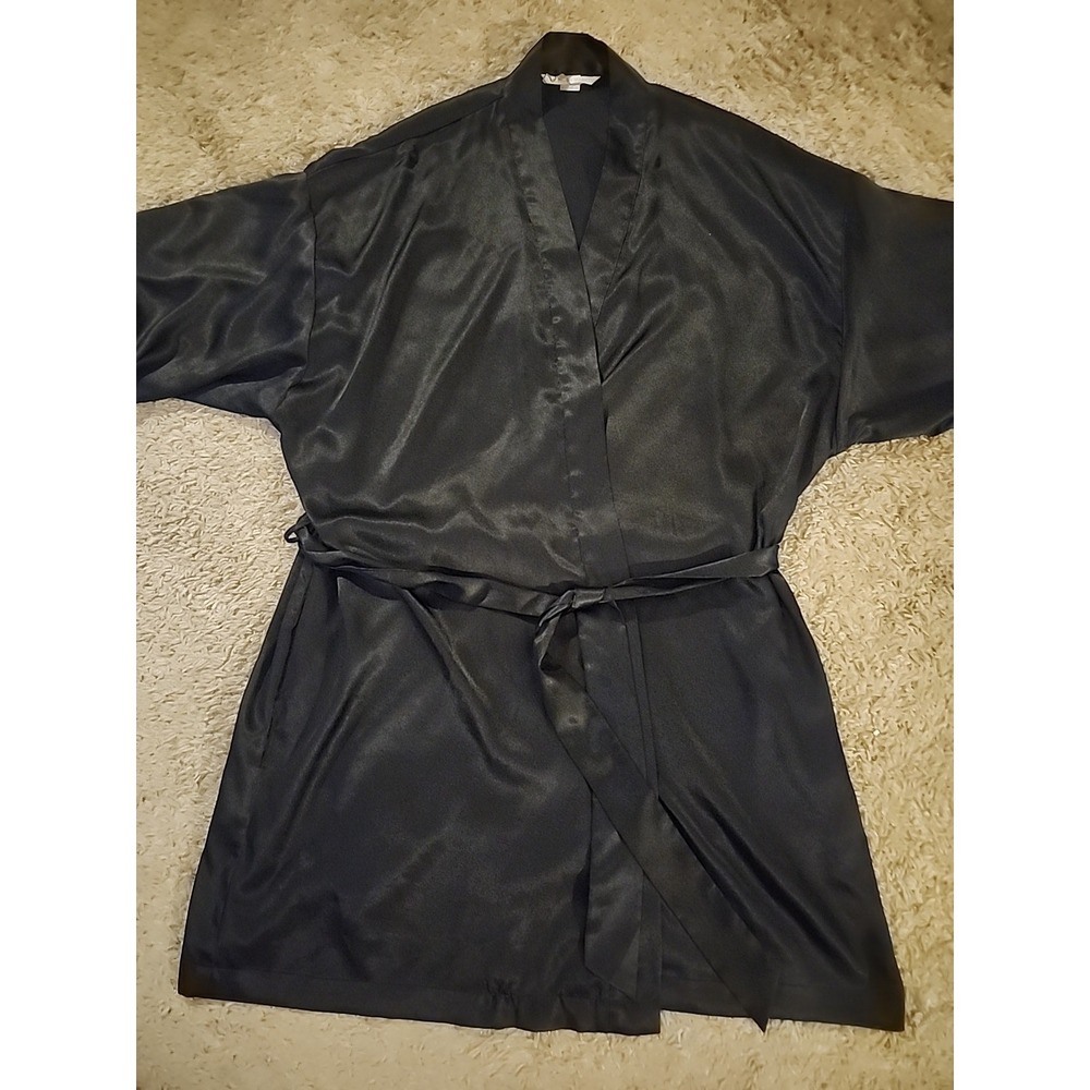 Victoria's Secret Black Satin Robe OS Kimono Sleeve Silky Sleep Lounge